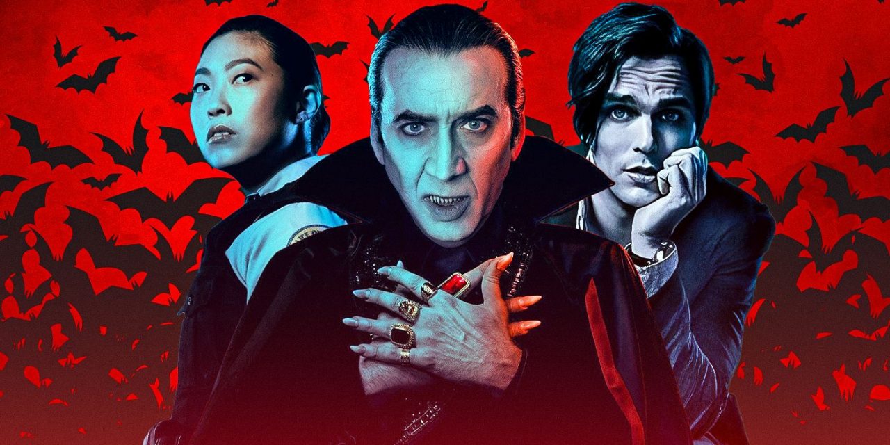 Renfield dando o sangue pelo chefe traz Nicolas Cage no papel de Drácula e Nicholas Hoult
